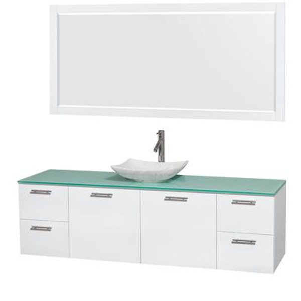 Amare 72 In. Single Glossy White Bathroom Vanity; Green Glass Top; White Carrera Sink; 70 In. Mirror