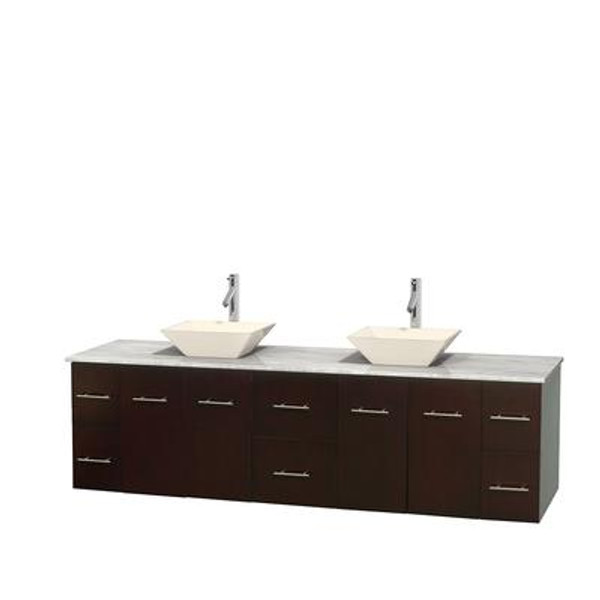 Centra 80 In. Double Vanity in Espresso with White Carrera Top with Bone Porcelain Sinks and No Mirror