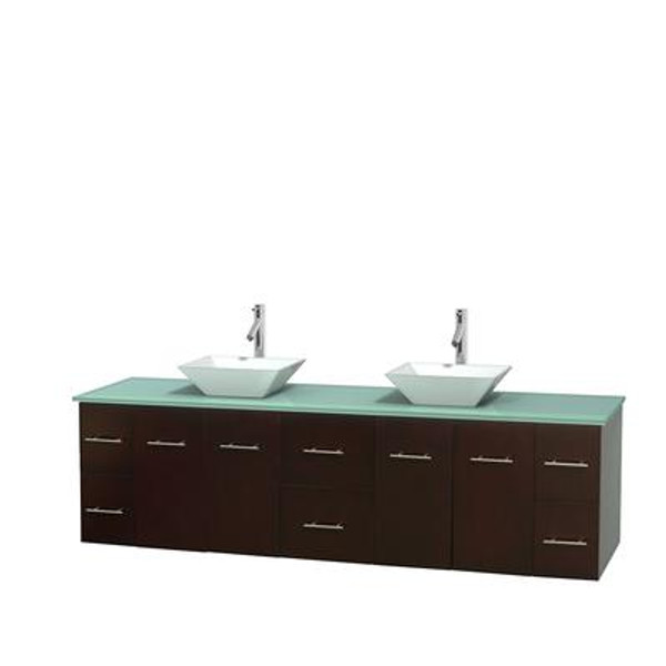 Centra 80 In. Double Vanity in Espresso with Green Glass Top with White Porcelain Sinks and No Mirror