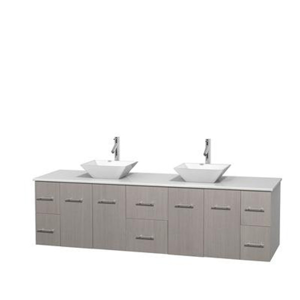 Centra 80 In. Double Vanity in Gray Oak with Solid SurfaceTop with White Porcelain Sinks and No Mirror