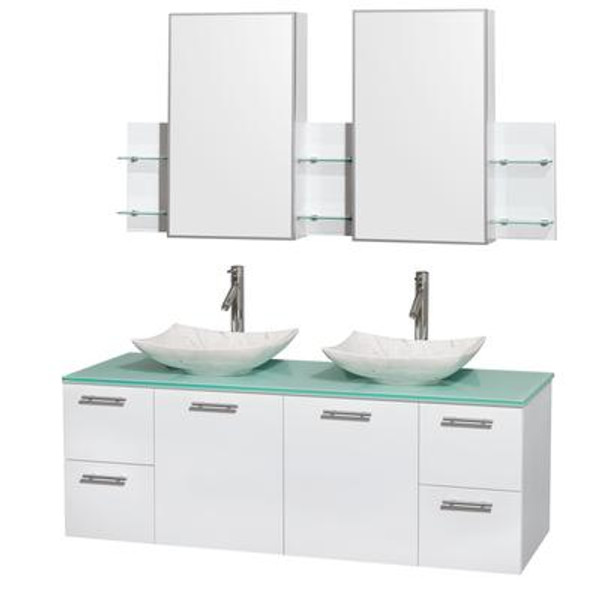 Amare 60 In. Double Bathroom Vanity in Glossy White; Green Glass Top; White Carrera Sinks; Med Cabinet