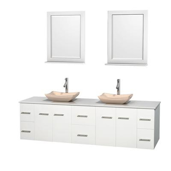 Centra 80 In. Double Vanity in White with Solid SurfaceTop with Ivory Sinks and 24 In. Mirrors