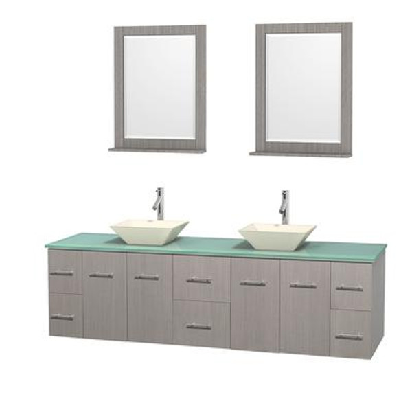 Centra 80 In. Double Vanity in Gray Oak with Green Glass Top with Bone Porcelain Sinks and 24 In. Mirrors