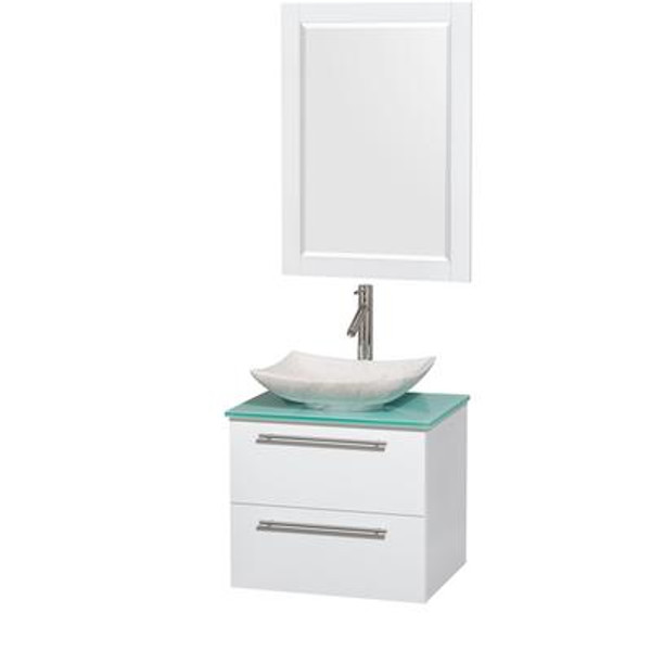 Amare 24 In. Single Glossy White Bathroom Vanity; Green Glass Top; White Carrera Sink; 24 In. Mirror