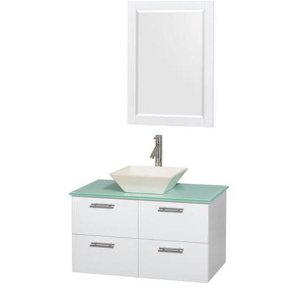 Amare 36 In. Single Glossy White Bathroom Vanity; Green Glass Top; Bone Porcelain Sink; 24 In. Mirror