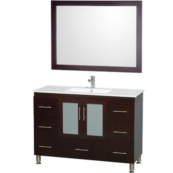 Katy 48 In. Single Bathroom Vanity in Espresso; White Porcelain Top; White Porcelain Sink; 46 In. Mirror