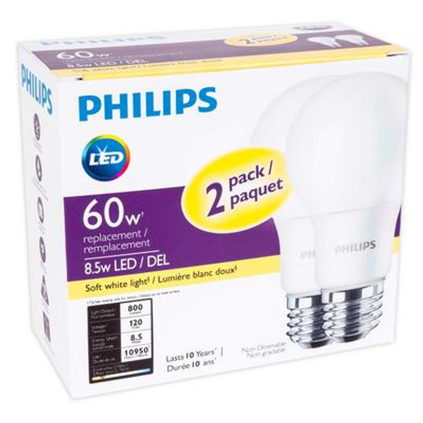 LED 8.5W = 60W A-Line (A19) Soft White Non-Dimmable (2700K) - Case of 8 Bulbs