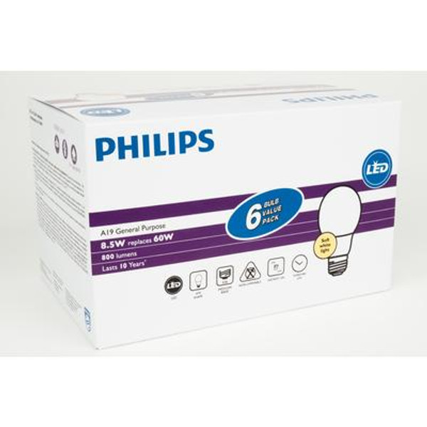 LED 8.5W = 60W A-Line (A19) Soft White Non-Dimmable (2700K) 6 Pack