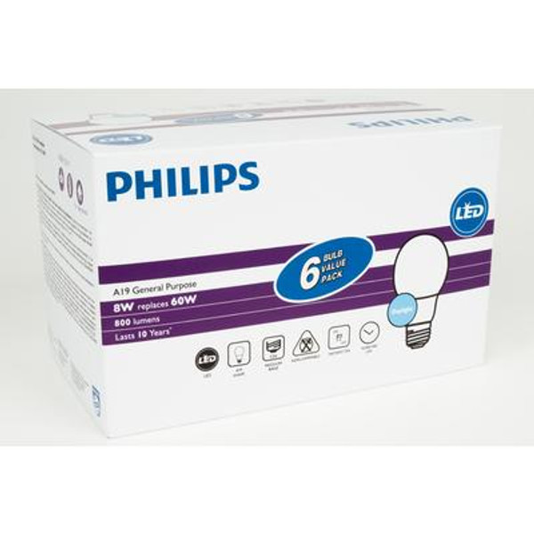 LED 8W = 60W A-Line (A19) Daylight Non-Dimmable (5000K) 6 Pack