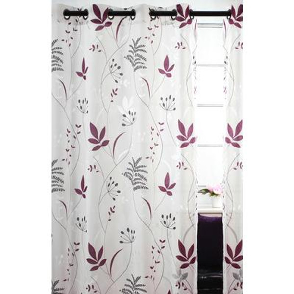 Blossom Burnout Leaf grommet curtain pair 52x95'' in Magenta/Grey