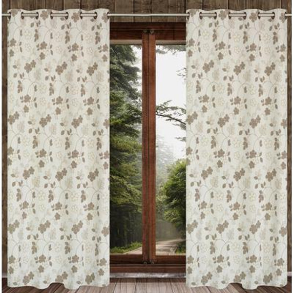 Marigold 'Floral' cotton blend curtain pair 54x95'' in Brown/Cream