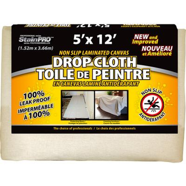 Non Slip Laminated Canvas Drop Cloth 5 Feet  x 12 Feet  - 4 pk