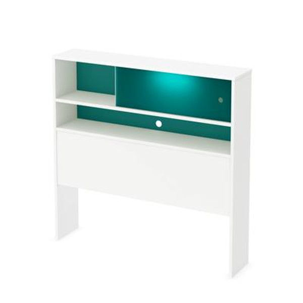 Little Monsters Twin Headboard Bookcase (39'') with Night Light; Pure White and Turquoise