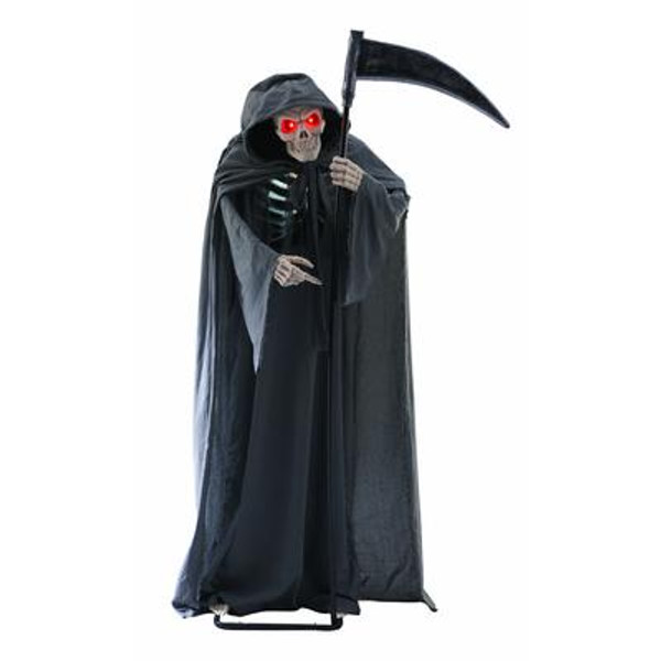 Animated Standing Grim Reaper With LED Illuminated Eyes And Rib-Cage; Scythe; Halloween Sound Effects And Try-Me Feature - Requires 3 ''AA'' Batteries