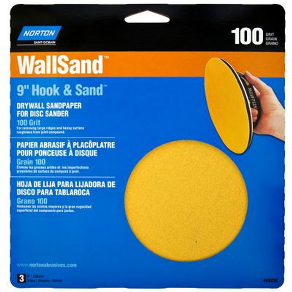 9 Inch  Wallsand Hook&Loop Disc 100 Grit  3PK Handy Pack