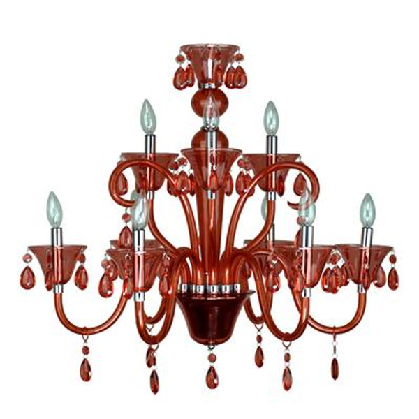 Euphoria Nine-Light Polished Chrome Chandelier with Red Lucite Jewel Drops