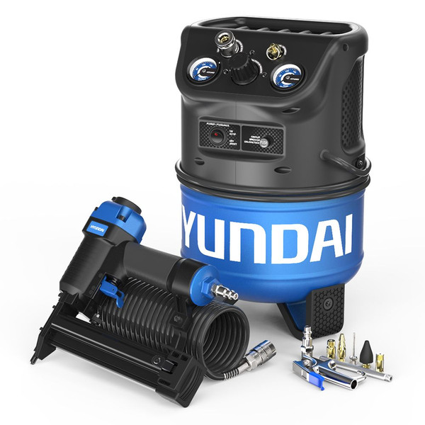 Hyundai HHC2GNK 2 Gallon Vertical Style Electric Air Compressor Nail Kit with 2-in-1 Brad Nailer/Stapler