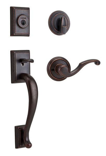 Weiser Pemberly Handle Set with Maya Lever Interior, Rustic Bronze Finish