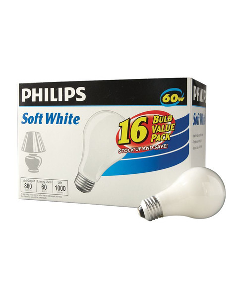 A19 Soft White, 60 Watt - 16 Pack