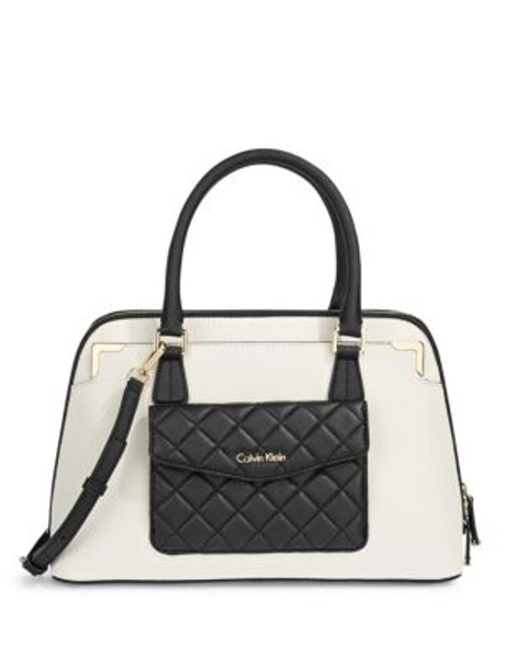 Calvin Klein Saffiano Leather Satchel Bag - WHITE/BLACK