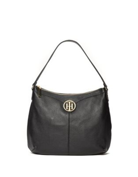 Tommy Hilfiger Maggie Pebble Leather Hobo Bag - BLACK