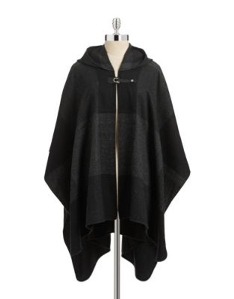 Lord & Taylor Box Plaid Cape with Hood - CHARCOAL