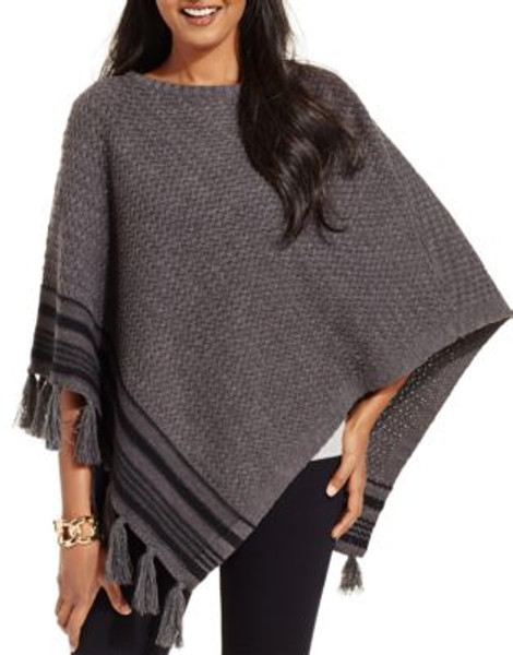 Style And Co. Tasselled Knit Poncho - CHARCOAL/DEEP BLACK - MEDIUM/LARGE