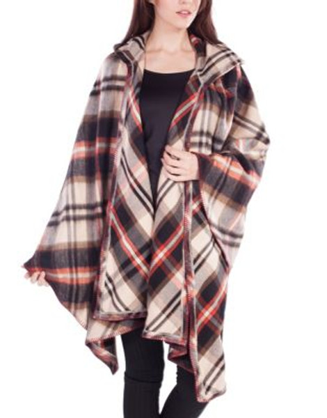 California Moonrise Plaid Hooded Poncho - BROWN - SMALL