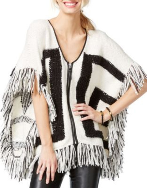 I.N.C International Concepts Fringe Intarsia Poncho-BLACK - BLACK - LARGE/X-LARGE