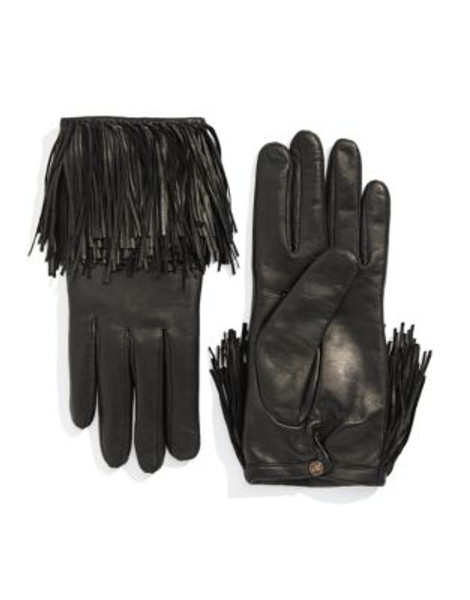 Diane Von Furstenberg Fringe Leather Gloves - BLACK - 6.5