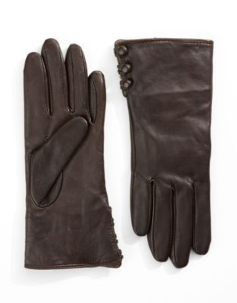 Lord & Taylor Wrist Length Side Button Leather Gloves - BROWN - 7