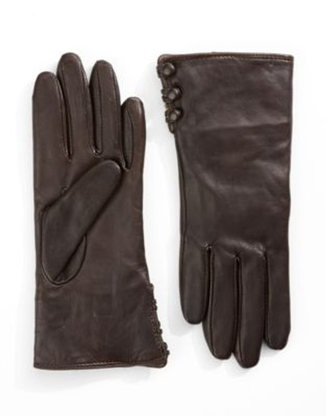 Lord & Taylor Wrist Length Side Button Leather Gloves - BROWN - 8.5