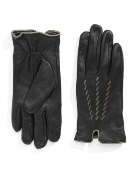 Lauren Ralph Lauren Braided Contrast Leather Gloves - BLACK/HEMATITE - SMALL