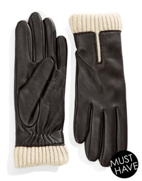 Lord & Taylor Wrist Length Knit Cuff Leather Gloves - BROWN - 8