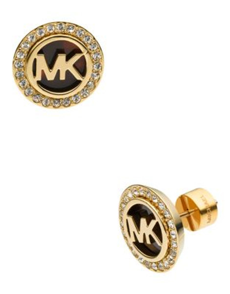 Michael Kors Gold Tone Mk Stud Earring With Clear Pave - BROWN