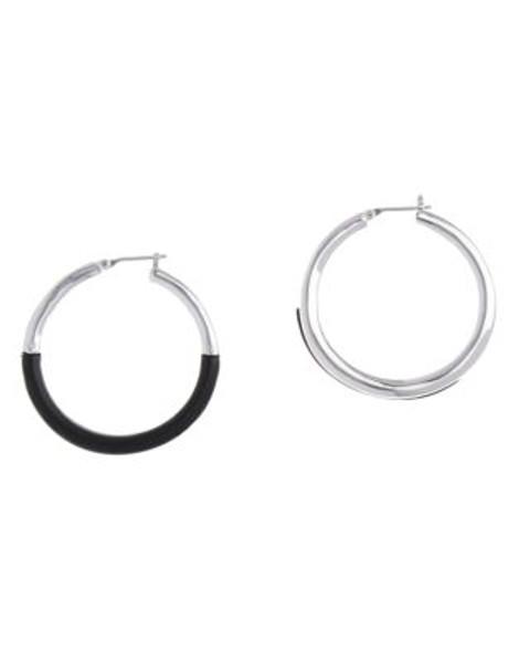 Nine West Small Silver Tone And Black Metal Click It Hoop Earring - SILVER