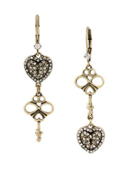 Betsey Johnson Vintage Lockets Pave Heart & Key Double Drop Mismatch Earring - CRYSTAL