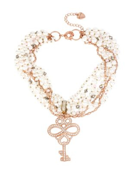 Betsey Johnson Wanderlust Pave Key Pendant and Faux Pearl Torsade Necklace - PEARL