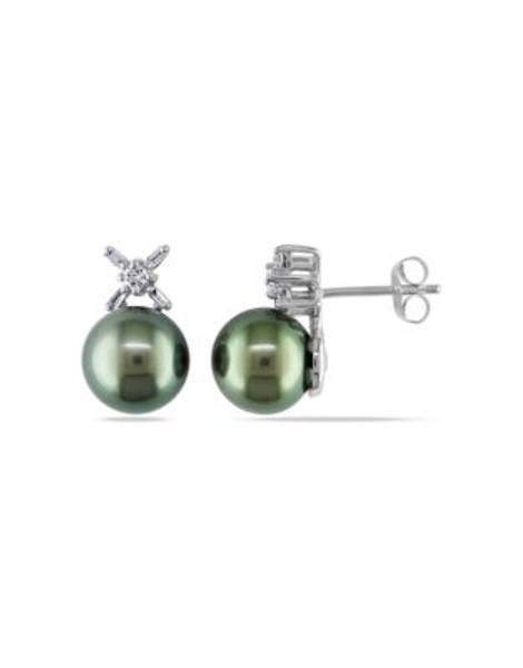 Concerto .2 CT Round and Parallel Baguette Diamonds TW 9.5 - 10 MM Black Tahitian Pearl Ear Pin 14k White Gol - BLACK