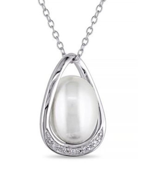Concerto White Pearl 0.04 tcw Diamond and Sterling Silver Pendant Necklace - WHITE