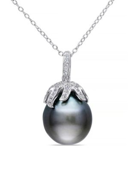 Concerto Black Tahitian Pearl and Diamond Pendant Sterling Silver Necklace - BLACK