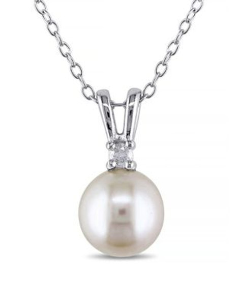 Concerto White Pearl 0.05 tcw Diamond and Sterling Silver Pendant Necklace - WHITE