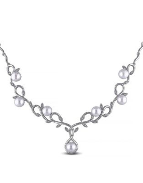 Concerto White Pearl 0.1 tcw Diamond and Sterling Silver Floral Necklace - WHITE