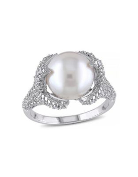 Concerto Sterling Silver Freshwater Pearl and 0.10 TCW Diamond Claw Ring - WHITE - 8