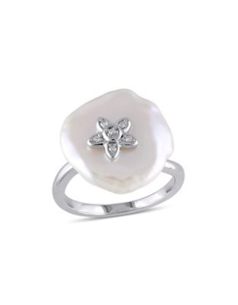 Concerto Sterling Silver Keshi Pearl and 0.03 TCW Diamond Flower Ring - WHITE - 6