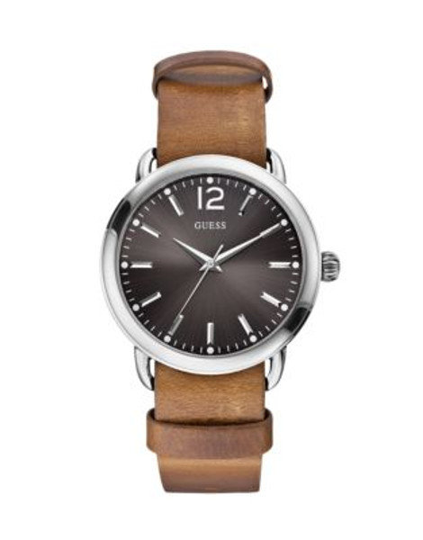 Guess Stainless Steel Leather Strap Watch - BROWN