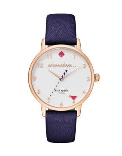 Kate Spade New York Metro Five O'Clock Somewhere Blue Leather Strap Watch - BLUE