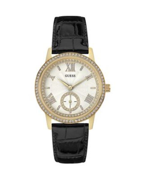 Guess Goldtone Stainless Steel Pave Crystal Leather Strap Watch - BLACK