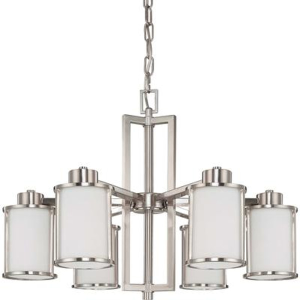 Odeon 6-Light Convertible Up/Down Chandelier with Satin White Glass Finished in Brushed Nickel