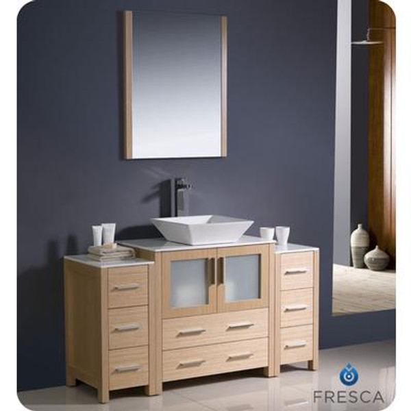 Torino 54 Inch Light Oak Modern Bathroom Vanity With 2 Side Cabinets And Vessel Sink